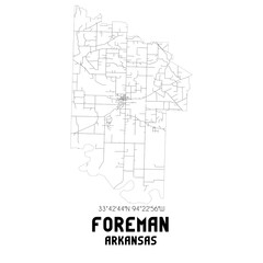 Foreman Arkansas. US street map with black and white lines.