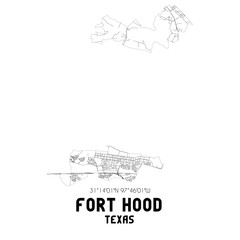 Fort Hood Texas. US street map with black and white lines.