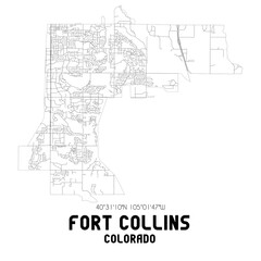 Fort Collins Colorado. US street map with black and white lines.