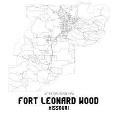 Fort Leonard Wood Missouri. US street map with black and white lines.