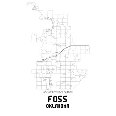Foss Oklahoma. US street map with black and white lines.