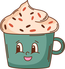 Groovy Christmas hot chocolate vector illustration. Retro mascot character clipart