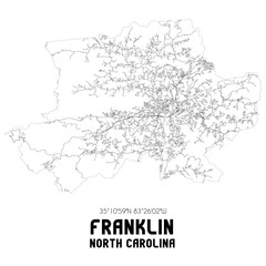Franklin North Carolina. US street map with black and white lines.