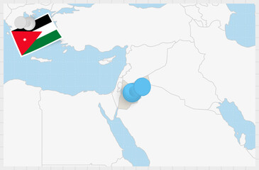 Map of Jordan with a pinned blue pin. Pinned flag of Jordan.