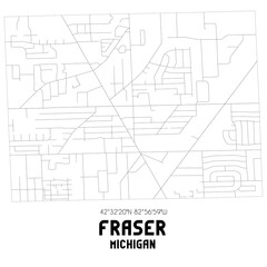 Fraser Michigan. US street map with black and white lines.