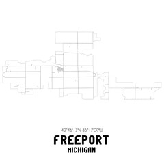 Freeport Michigan. US street map with black and white lines.