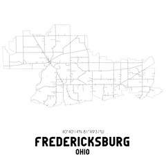 Fredericksburg Ohio. US street map with black and white lines.