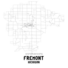 Fremont Michigan. US street map with black and white lines.