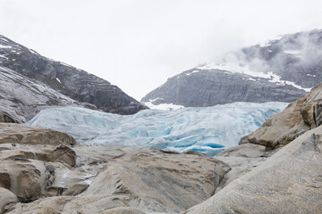 The glacier snout of the Nigardsbreen glacier in Jostedal, Norway