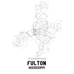 Fulton Mississippi. US street map with black and white lines.