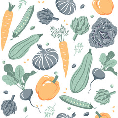 Vector seamless pattern with peas, radishes, sweet peppers, carrots, zucchini, eggplant, cabbage and artichoke on a white background in a flat style. Limited palette, ideal for printing.