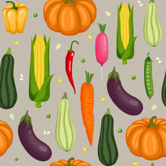 
Vector seamless pattern with peas, radishes, sweet peppers, carrots, zucchini, eggplant, corn and pumpkins on a gray background in a flat style.