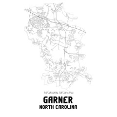 Garner North Carolina. US street map with black and white lines.
