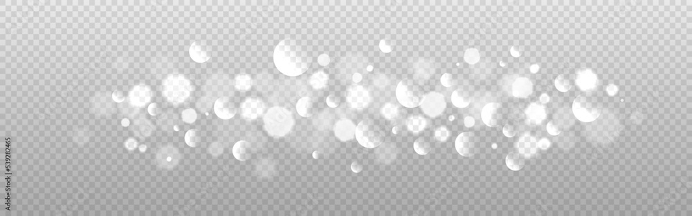 Poster bokeh light. christmas blur effect on transparent background. silver blurred circles. wide shining t