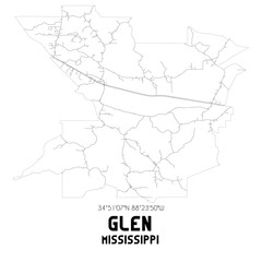 Glen Mississippi. US street map with black and white lines.