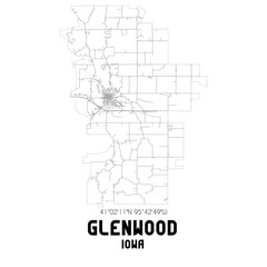 Glenwood Iowa. US street map with black and white lines.