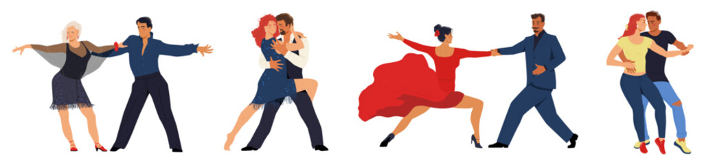Set of couples dancing different latin dances. Men and women move to music and perform bachata, tango, salsa or rumba in beautiful costumes. Cartoon flat vector collection isolated on white background - obrazy, fototapety, plakaty