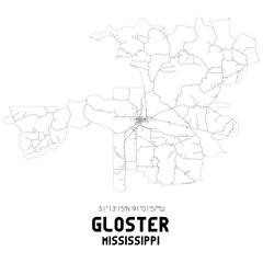 Gloster Mississippi. US street map with black and white lines.