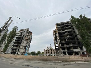 Destroyed and damaged residential buildings in Borodyanka after Russia's invasion of Ukraine