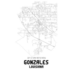 Gonzales Louisiana. US street map with black and white lines.