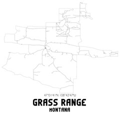 Grass Range Montana. US street map with black and white lines.