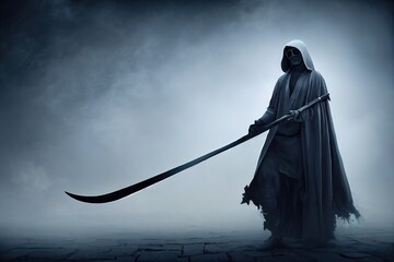 Character concept of the grim reaper with scythe and tattered cloak. Digital illustration - obrazy, fototapety, plakaty