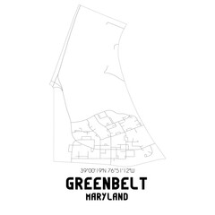 Greenbelt Maryland. US street map with black and white lines.