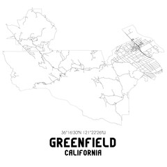 Greenfield California. US street map with black and white lines.