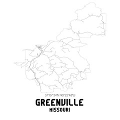 Greenville Missouri. US street map with black and white lines.