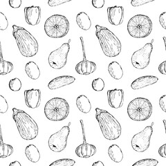 Vegan food seamless pattern vegetables and fruit vector illustration, hand drawing