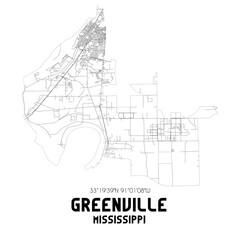 Greenville Mississippi. US street map with black and white lines.