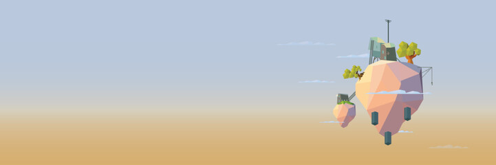Cartoon low polygonal flying fantasy island with small hut and green trees against the sky background with copy space, vector banner © Mykola