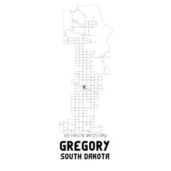 Gregory South Dakota. US street map with black and white lines.