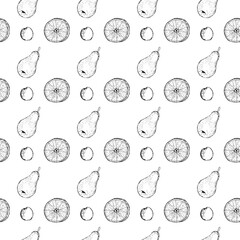 Vegan food fruit seamless pattern vector illustration, hand drawing