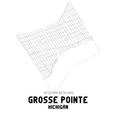 Grosse Pointe Michigan. US street map with black and white lines.
