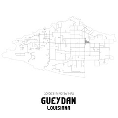 Gueydan Louisiana. US street map with black and white lines.