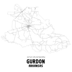 Gurdon Arkansas. US street map with black and white lines.