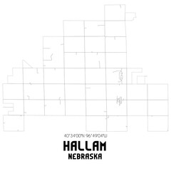 Hallam Nebraska. US street map with black and white lines.