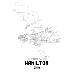 Hamilton Ohio. US street map with black and white lines.