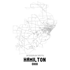 Hamilton Ohio. US street map with black and white lines.