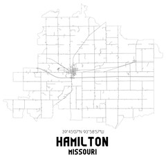 Hamilton Missouri. US street map with black and white lines.