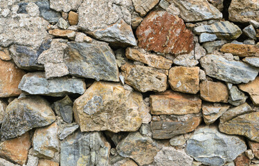 Wall and stonework to use as background. Close-up of a fragment of an old natural stone wall. Stone background for design development