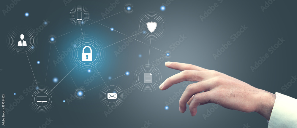 Poster lock and icons on virtual screen. data protection concept.