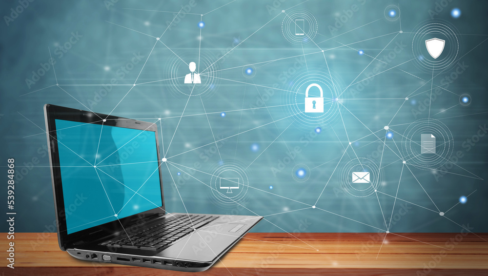 Poster lock and icons on virtual screen. data protection concept.