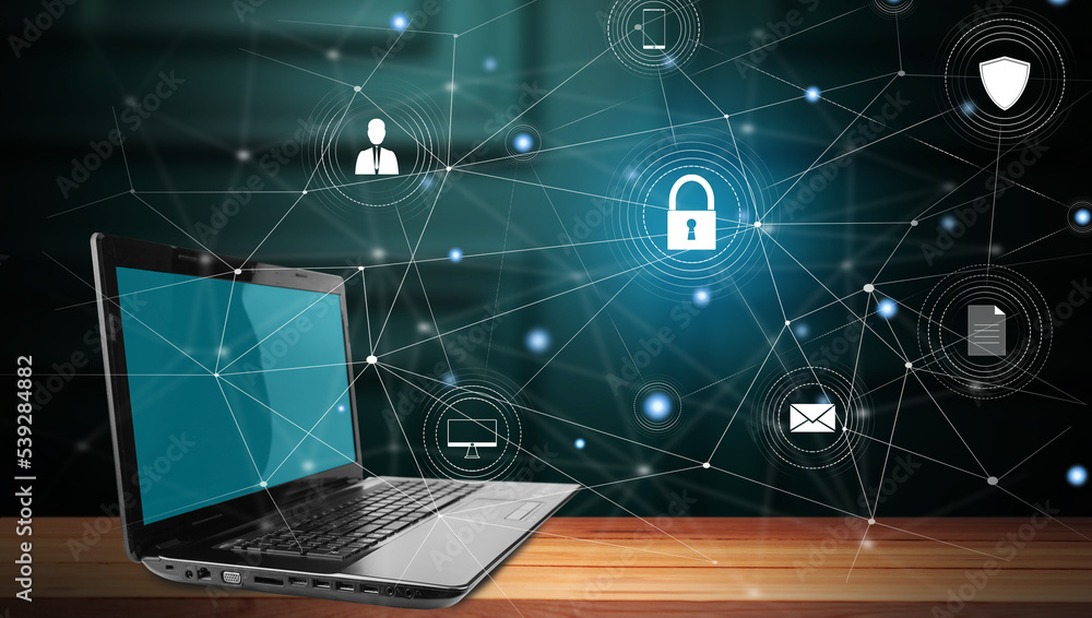Poster lock and icons on virtual screen. data protection concept.