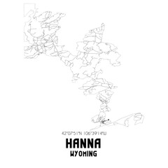 Hanna Wyoming. US street map with black and white lines.