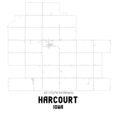 Harcourt Iowa. US street map with black and white lines.