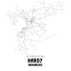 Hardy Arkansas. US street map with black and white lines.