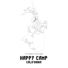 Happy Camp California. US street map with black and white lines.