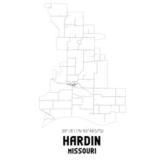 Hardin Missouri. US street map with black and white lines.